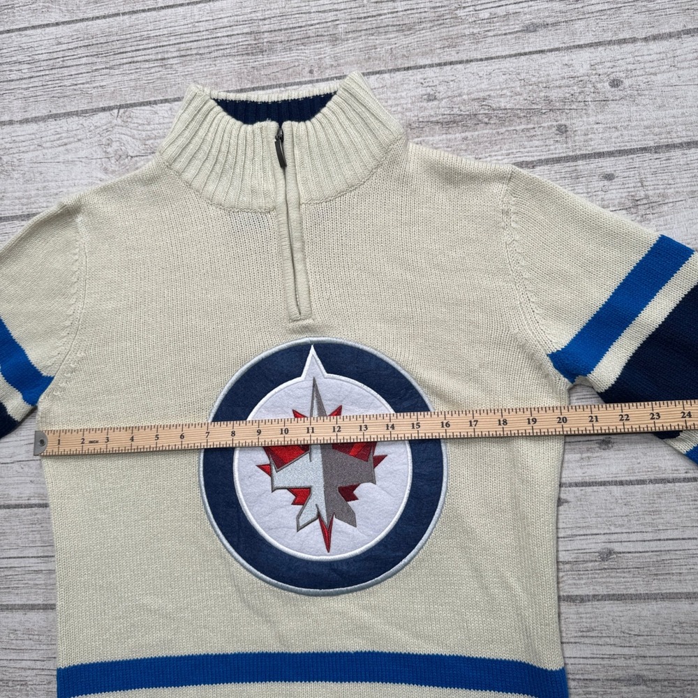 Ilanco NHL Winnipeg Jets Knit Sweater Mens S Cream Blue Quarter Zip Hockey Logo - Picture 3 of 6